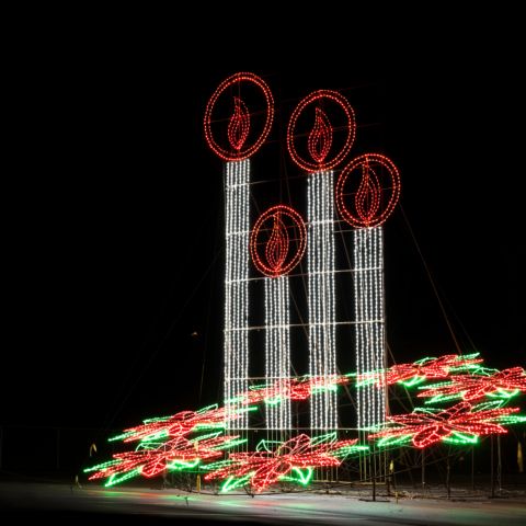 The Pinnacle Speedway In Lights offers many festive holiday displays throughout its 5-miles of more than 3 million lights including the popular Candelabra. 