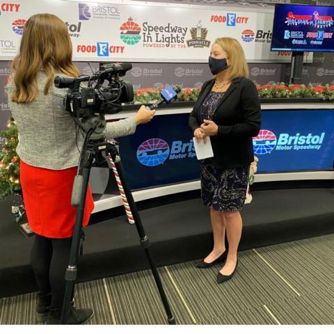 Bristol Chamber President & CEO Beth Rhinehart is interviewed by WJHL TV reporter Kaylyn Kluck following the press conference.