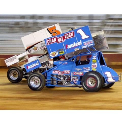 Sammy Swindell (1) took the checkered flag in World of Outlaws victories at BMS in 2000 and 2001.