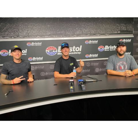 Cleetus McFarland (center) will be joined by a host of friends for the Bristol 1000 on Labor Day weekend at Bristol Motor Speedway (Sept. 3-4). During a recent visit to the BMS Media Center he was flanked by social influencers Roman Atwood on the left and Derek Bieri on his right. 