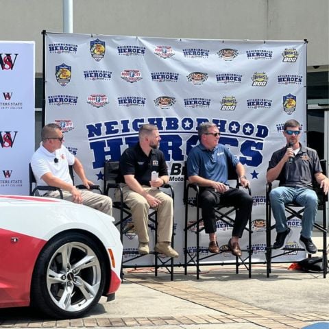 From Right To Left: NASCAR Camping World Truck Series star Grant Enfinger, BMS President Jerry Caldwell, Walters State Regional Law Enforcement Training Academy Director Travis Stansell and Northview/Kodak Fire Dept. Chief John Satterfield took part in a news conference today in Morristown, Tenn. where the track named its BMS Neighborhood Heroes. The Heroes will be officially presented their plaques during pre-race ceremonies on Sept. 17 for the Bass Pro Shops Night Race.