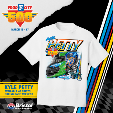 The Kyle Petty throwback t-shirt features his Pontiac from the early 1990s with a wild custom paint scheme and logo from his family's 75th anniversary celebration.