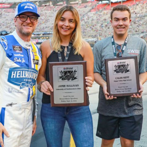The 2023 winners of the Dale Earnhardt Jr. Scholarship from Bristol Motor Speedway were Jamie Sullivan (center) from UNOH and Kaleb Kent (right) from Happy Valley High School in Watauga, Tenn. 