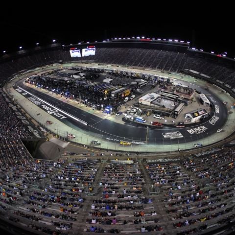 Colossus TV hangs in the middle of Bristol Motor Speedway, providing guests with instant replays and video coverage of the Bass Pro Shops Night Race.