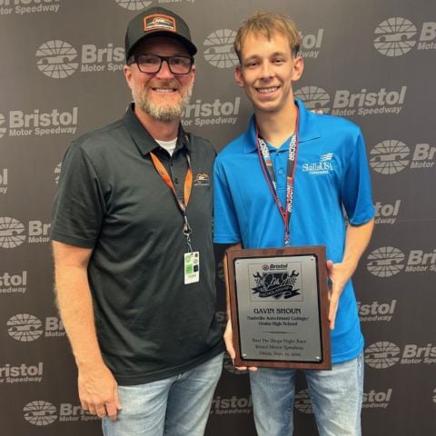 Gavin Shoun (left), the 2025 winner of the Bristol Motor Speedway Dale Earnhardt Jr. Scholarship met Dale Jr. during Food City 300 pre-race ceremonies.