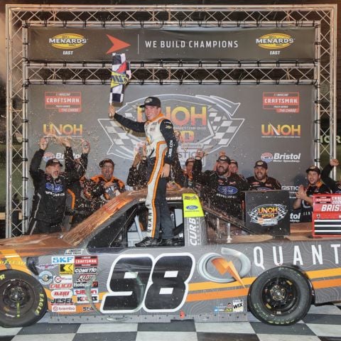 Jake Garcia broke though for his first career victory Thursday by winning the UNOH 250 presented by Ohio Logistics NASCAR CRAFTSMAN Truck Series race as part of a Thursday night doubleheader at Bristol Motor Speedway.