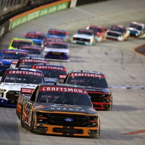 Jake Garcia (98) led 104 laps en route to his career-first victory in the NASCAR CRAFTSMAN Truck Series Thursday night at Bristol Motor Speedway.