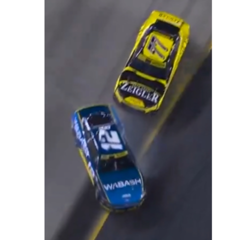 Hocevar (77) and Blaney's Team Penske Ford (12) make contact during the Bristol Night Race, sending Blaney crashing into the wall.