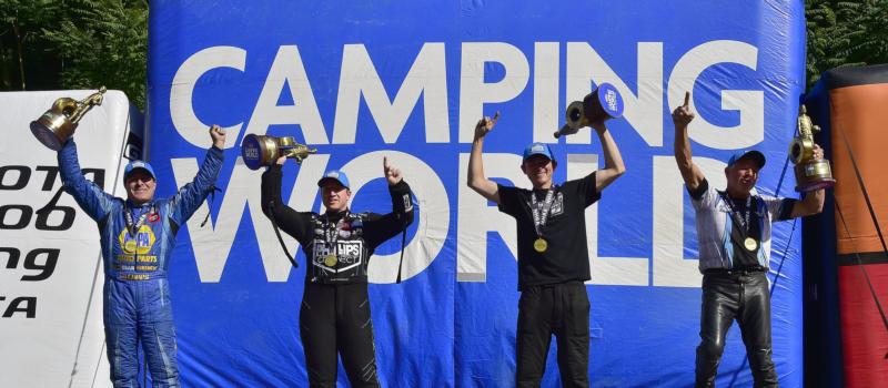 The NHRA Thunder Valley Nationals winners in the NHRA Camping World Drag Racing Series Sunday at historic Bristol Dragway, from left to right: Ron Capps, Funny Car, Justin Ashley, Top Fuel, Aaron Stanfield, Pro Stock, and Jerry Savoie, Pro Stock Motorcycle.