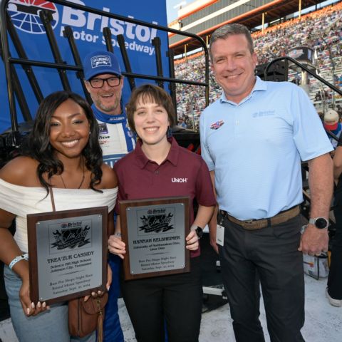 The 2024 winners of the Bristol Motor Speedway Dale Earnhardt Jr. Scholarship met Dale Jr. during Food City 300 pre-race ceremonies.