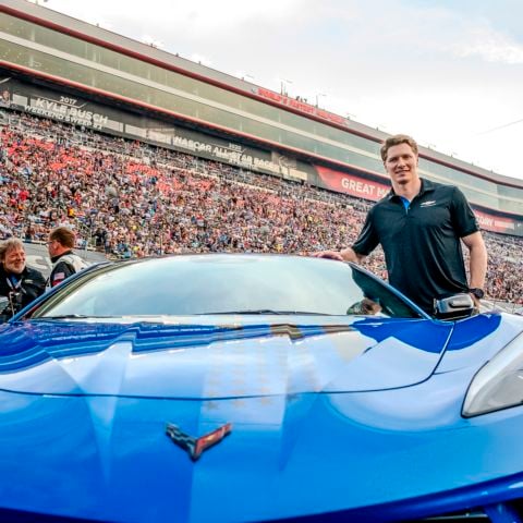Two-time Indy 500 winner Josef Newgarden (right) drove the pace car during the Bass Pro Shops Night Race.