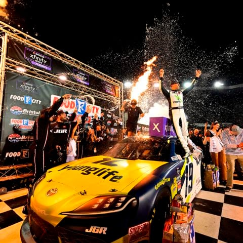 Aric Almirola celebrates his Food City 300 win Friday night in Bristol Motor Speedway's Victory Lane.