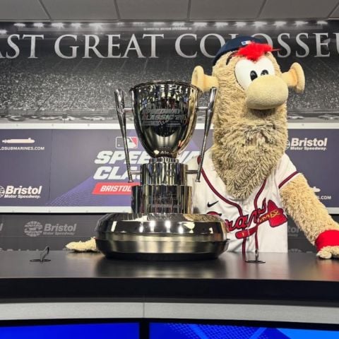 The MLB Speedway Classic winning Atlanta Braves were presented a special trophy to commemorate the game in history. Braves mascot Blooper took a moment to pose with the prize for media members.