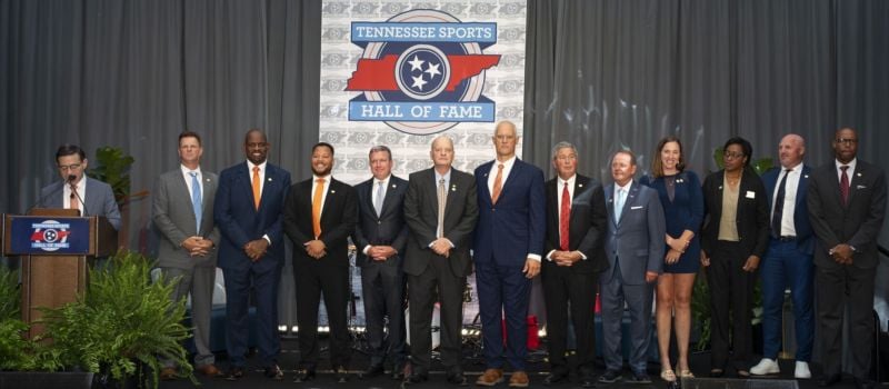 Members of the 2026 Class of the Tennessee Sports Hall of Fame, along with BMS president and general manager Jerry Caldwell, fifth from left, were honored on July 11 during a ceremony in Nashville.