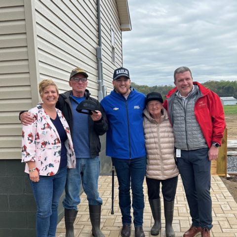 Dillon also visited with those impacted by Hurricane Helene flooding last fall in the Erwin, Tennessee area. From left to right, Melisha Wilburn, President and CEO of Appalachia Service Project, David Harris, Ty Dillon, Carolyn Garland and BMS President and General Manager Jerry Caldwell. The group visited a house being constructed by ASP for Harris and Garland.