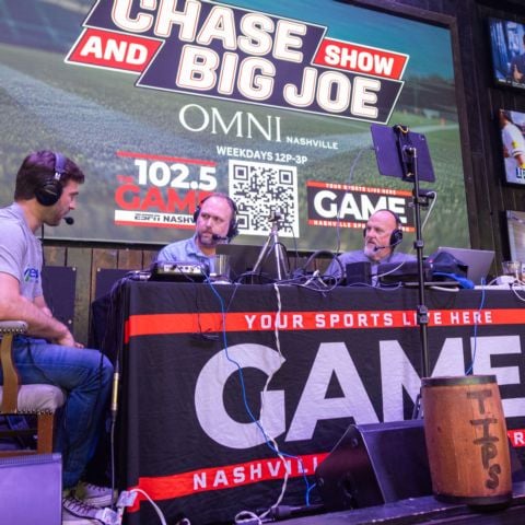 Daniel Suarez (left) is interviewed by Chase McCabe and Big Joe on the Go on 102.5 The Game while he was in Nashville for today's BMS Neighborhood Heroes announcement.