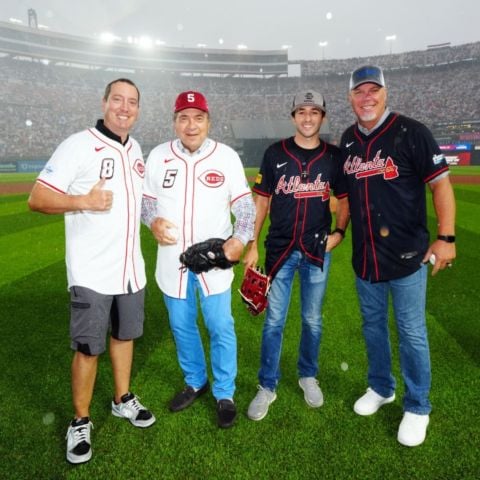 NASCAR superstars Kyle Busch (left) and Chase Elliott (center) joined First Pitch Dignitaries Johnny Bench and Chipper Jones during pre-game ceremonies as a special surprise to fan Saturday at the MLB Speedway Classic.