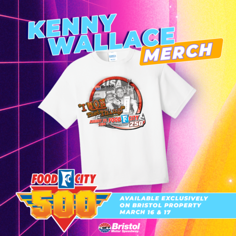 The Kenny Wallace throwback Food City 500 t-shirt features his Food City 250 win in the Xfinity Series from 1994.