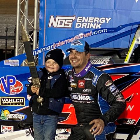 NASCAR Truck Series star Stewart Friesen won the Super DIRTcar Big Block Modified race and then celebrated in victory lane with his son Parker.