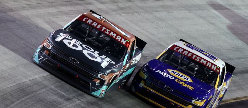 Christian Eckes (19) battled against his former boss Kyle Busch (7) for the victory Saturday night in the WEATHER GUARD Truck Race at Bristol Motor Speedway.