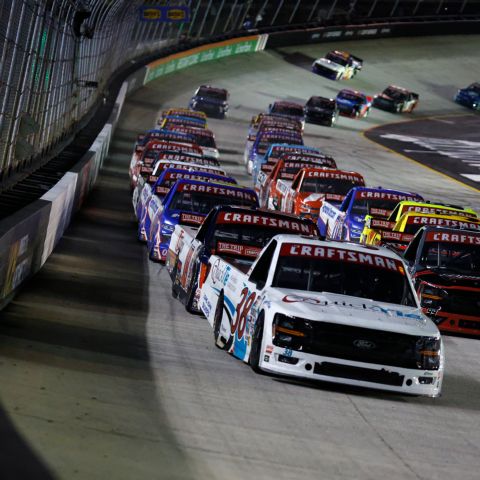 Chandler Smith (38) led a race-best 127 laps in winning Friday night's NASCAR Craftsman Truck Series race at Bristol Motor Speedway.