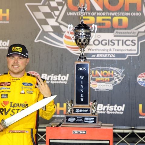 Layne Riggs celebrated his UNOH 250 win in BMS Victory Lane with BMS Sword in hand.