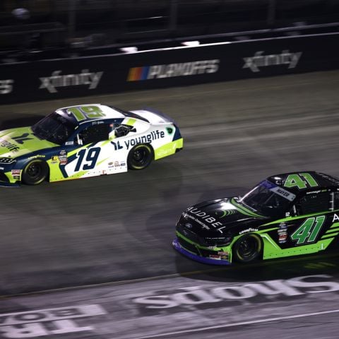 Aric Almirola (19) battled with Sam Mayer in the late stages of the Food City 300.