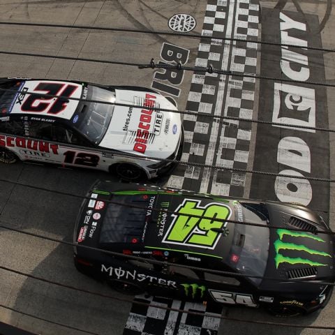 Ty Gibbs (54) beat Ryan Blaney (12) by a new track record margin of victory of .055 of a second Sunday in the Food City 500.