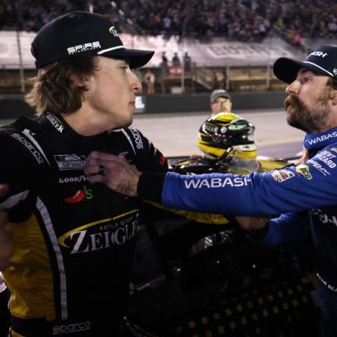 After an on-track incident, contenders Carson Hocevar (left) and Ryan Blaney were involved in a skirmish on pit road that got physical between the two drivers.