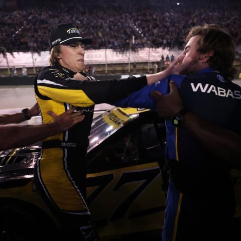 Carson Hocevar (left) and Ryan Blaney let their feelings be known after the race in what developed into a fight on pit road.
