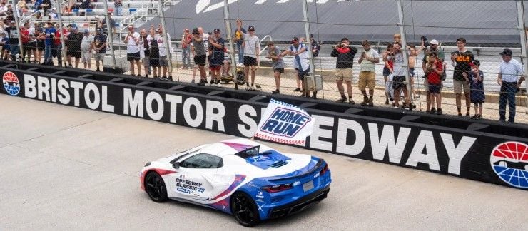 When Braves right fielder Eli White hit his two home runs the Braves Corvette took a victory lap around Bristol Motor Speedway and waved the special Home Run flag.