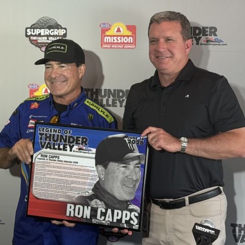 BMS president Jerry Caldwell (right) and Legend of Thunder Valley honoree Ron Capps met with the media to make the announcement Saturday afternoon.
