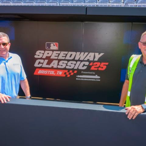BMS president and general manager Jerry Caldwell (left) and MLB field consultant Murray Cook gave the media a sneak-peek of the progress on the field construction just eight days away from the MLB Speedway Classic presented by BuildSubmarines.com
