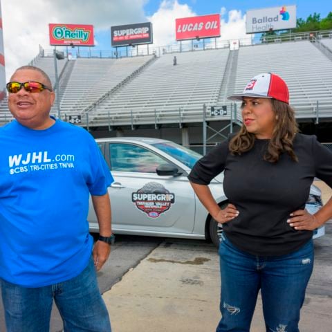 Tri-Cities media stars Kenny Hawkins, sports director for WJHL TV 11 (left), and WCYB TV's executive sports producer Heather Williams, have a rivalry on and off the track. Today Williams took the win in the tough first-round race against Hawkins. 