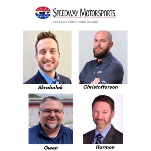 Four Speedway Motorsports corporate executives were promoted today to vice president positions, including from top left Nick Skrabalak, vp of consumer sales for Speedway Motorsports; Jason Christofferson, vp of consumer operations for Speedway Motorsports; Landon Owen, vp of consumer sales for Bristol Motor Speedway and New Hampshire Motor Speedway; and Kacy Harmon, vp of consumer sales for Nashville Superspeeway and Dover Motor Speedway.