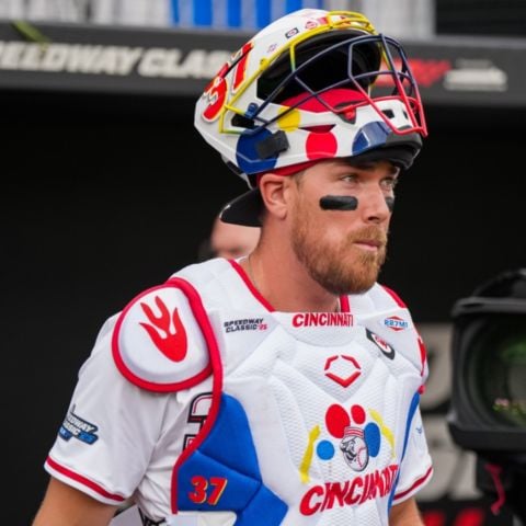 Reds catcher Tyler Stephenson got in on the NASCAR fun by wearing gear inspired by Ricky Bobby of the Talladega Nights movie.