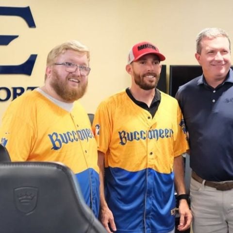 Ross Chastain ended the day by visiting with ETSU's Esports students along with BMS president Jerry Caldwell and checking out their virtual iRacing setup.