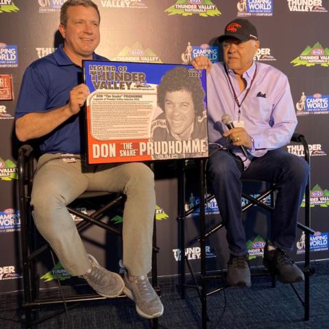 Bristol Motor Speedway & Dragway President Jerry Caldwell presented Don "The Snake" Prudhomme with the official plaque and inducted him in the Legends of Thunder Valley, Bristol Dragway's official Hall of Fame.