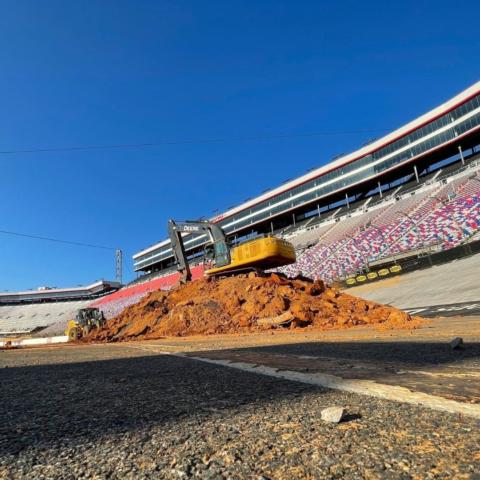 The final pile of dirt being loaded into a dumptruck during the dirt removal process following two months of dirt racing events at Bristol Motor Speedway.