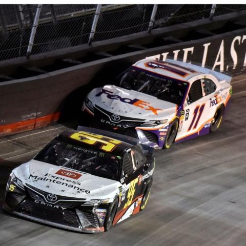 Matt DiBenedetto (95) finished second to Denny Hamlin in the 2019 Night Race after leading a race-best 93 laps. Frustrated and dejected after not winning the race, DiBenedetto's spirits were lifted after the race by fans who serenated to him and chanted his name from the grandstands. 