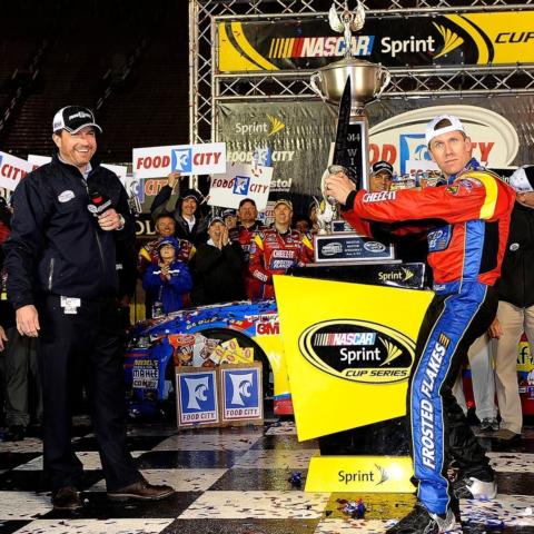 Carl Edwards was the first NASCAR Cup Series driver presented with the highly-coveted BMS Gladiator Sword after winning the 2014 Food City 500.