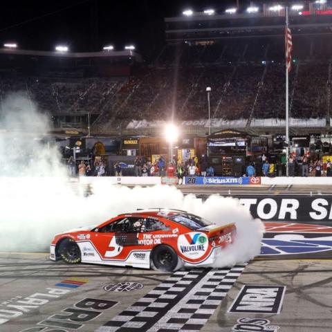 Kyle Larson performs a celebratory burnout on the BMS frontstretch after winning Saturday's Bass Pro Shops NRA Night Race.