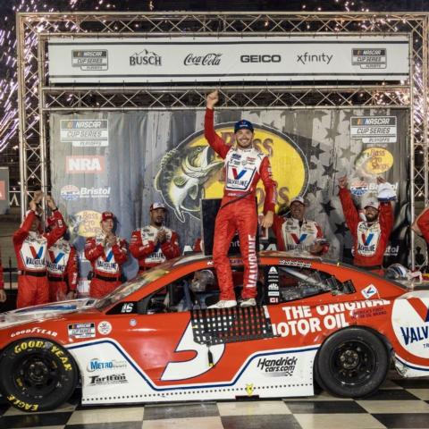 Kyle Larson celebrates in Bristol Motor Speedway Victory Lane Saturday night after winning the Bass Pro Shops NRA Night Race.