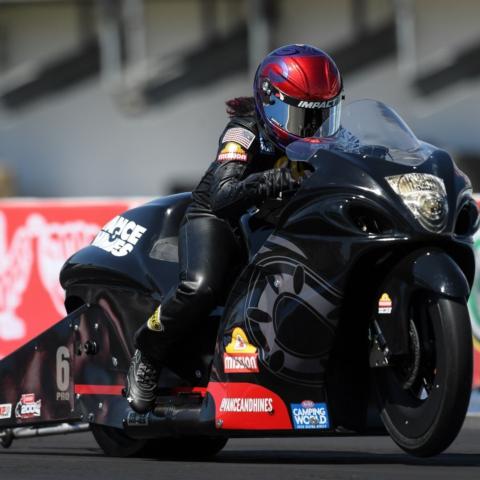 Three-time Pro Stock Motorcycle champ Angelle Sampey is one of the favorites in the two-wheel category as it makes a return to historic Bristol Dragway for the NHRA Thunder Valley Nationals, Oct. 15-17. 