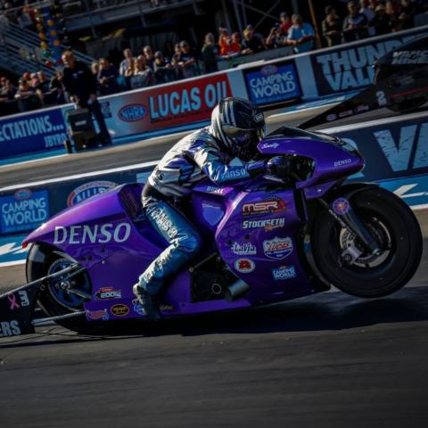 Scotty Pollacheck earned the No. 1 qualifying position in Pro Stock Motorcycle Saturday at the NHRA Thunder Valley Nationals.