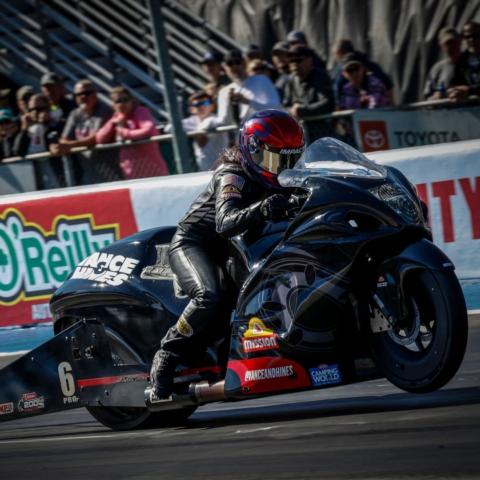 Angelle Sampey made history Sunday at Bristol Dragway by becoming the first NHRA Pro Stock Motorcycle racer to win an NHRA national event at the legendary dragstrip.