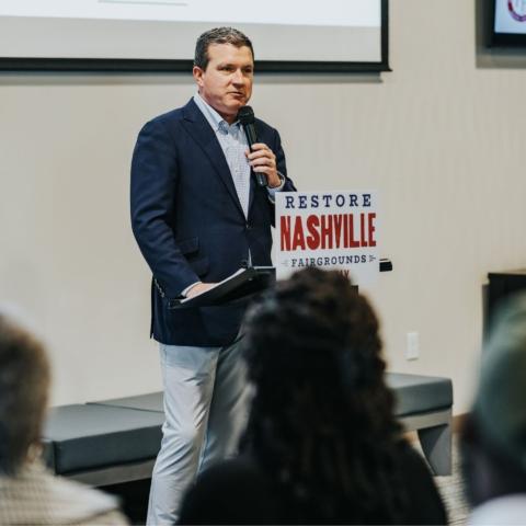 BMS executive vice president and general manager Jerry Caldwell welcomed representatives from each of the Nashville Fairgrounds Speedway community benefits partners to a luncheon today in Nashville. 