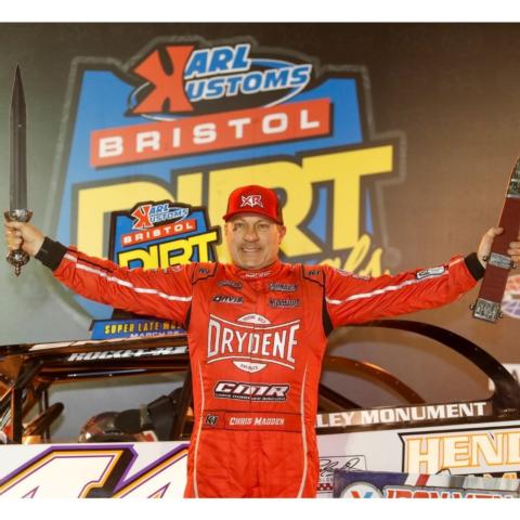 Chris Madden, from Gray Court, S.C., won the $50,000 XR Super Series Late Model feature Friday night in the Karl Kustoms Bristol Dirt Nationals at Bristol Motor Speedway. 