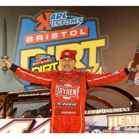 Chris Madden, from Gray Court, S.C., won the $50,000 XR Super Series Late Model feature Friday night in the Karl Kustoms Bristol Dirt Nationals at Bristol Motor Speedway. 