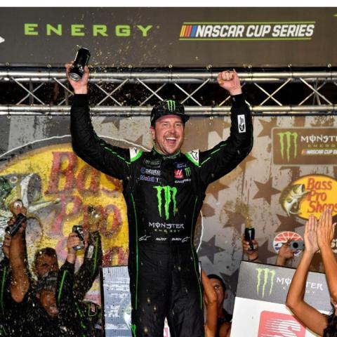 Kurt Busch celebrates the most recent of his six career Cup victories at Bristol Motor Speedway in 2018, a race that many historians declared an "instant classic" and a race that Busch famously christened BMS "the Holy Grail of Short Tracks". 